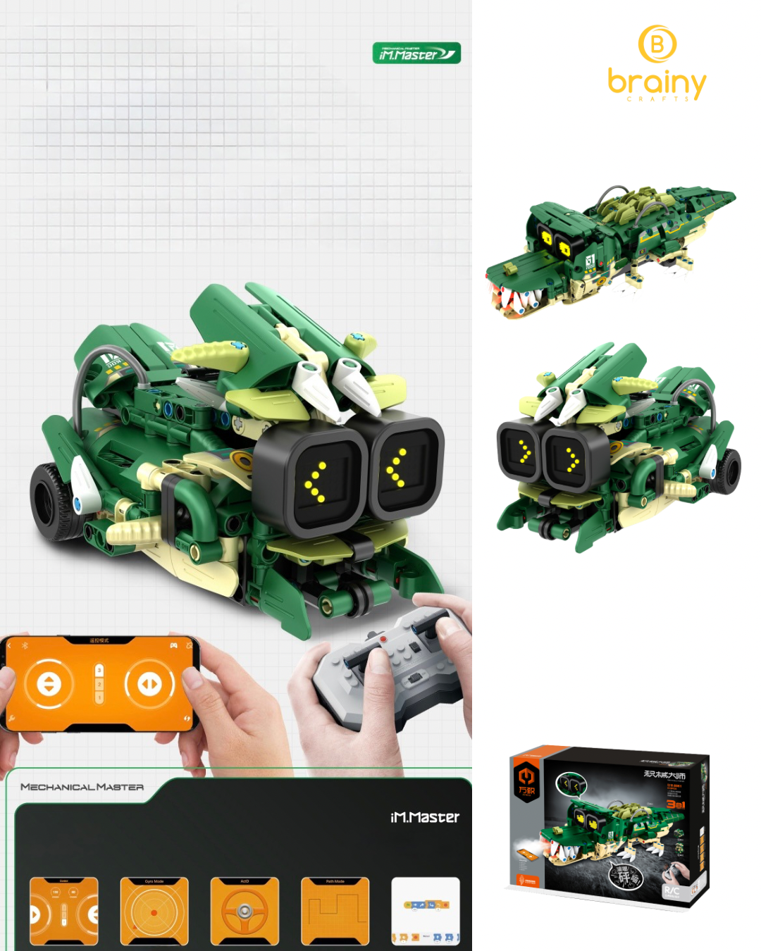 kit de construcție crocomobil cu afișaj electronic programabil, 3-în-1 rc și aplicație | im-master (8061)