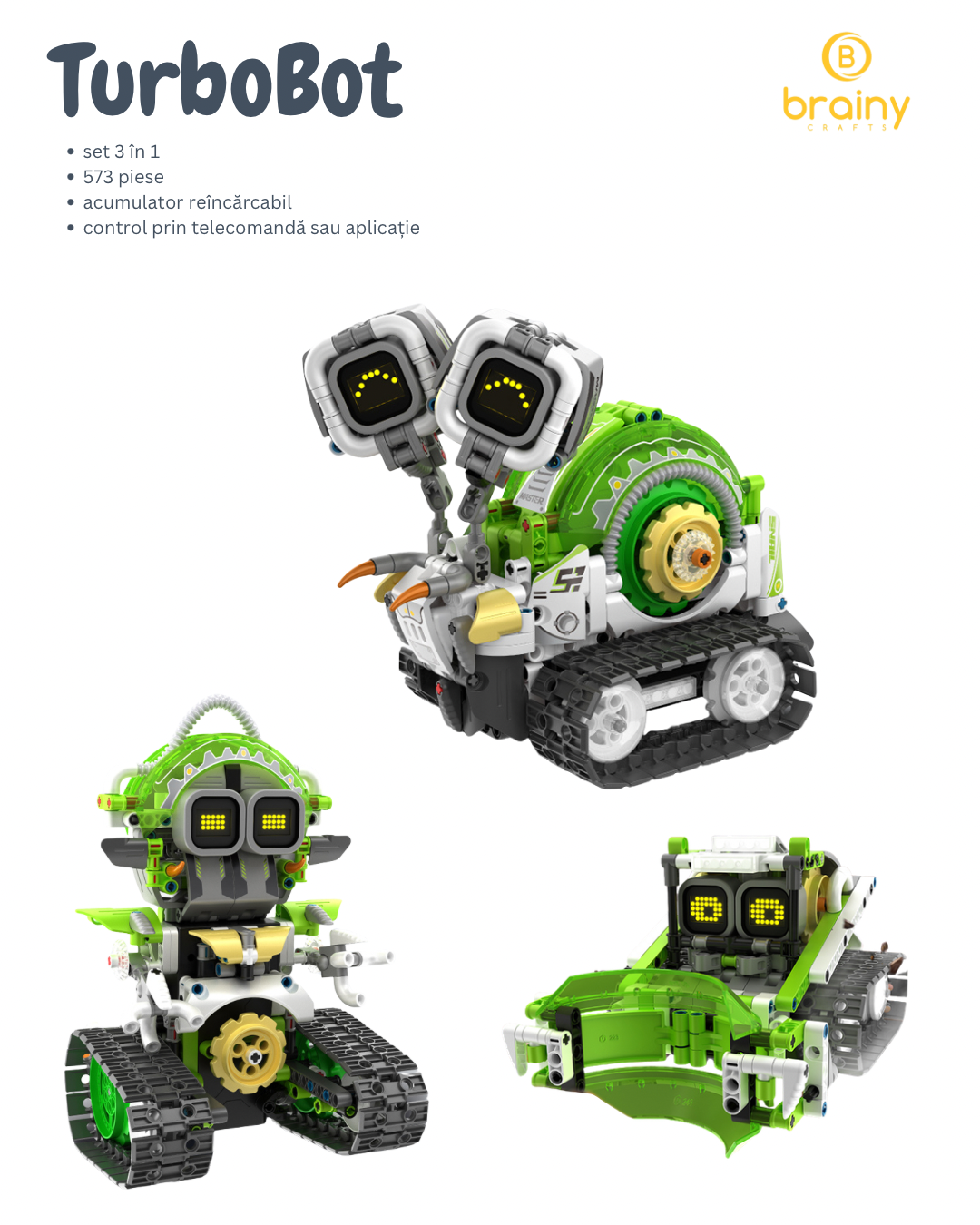 turbobot – kit de construcție 3-in-1 cu control rc și aplicație | 573 piese | acumulator reîncărcabil (8057)